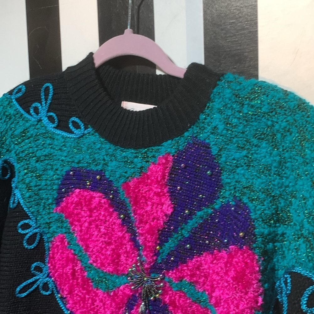 Vintage 80s 90s  Colorful Floral Women's Sweater Beaded Details Small/Medium - Picture 14 of 17